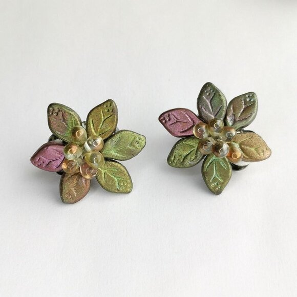 Vintage 90s Czech Bead Earrings Clip On Leaves - Picture 1 of 4